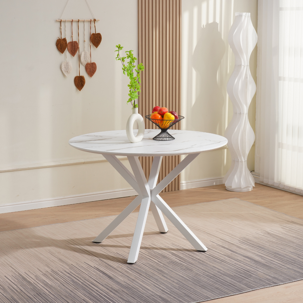 Nevya Wooden Laminated Round Kitchen Dining Table Marble Effect 110cm White Fast shipping On sale