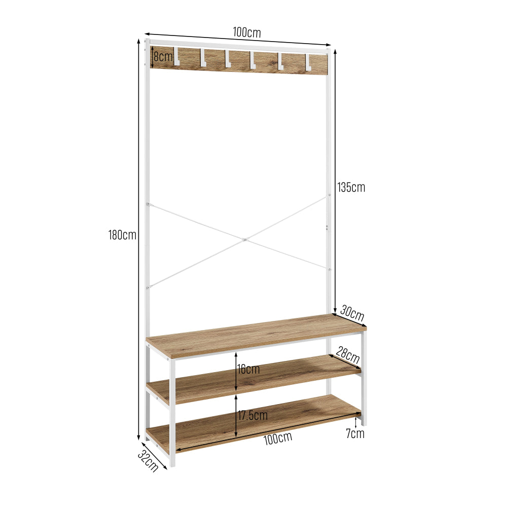 Nico Industrial Hall Tree Coat Rack 3-Tier Hallway Shoe Bench Cabinet - Oak/White Fast shipping On sale