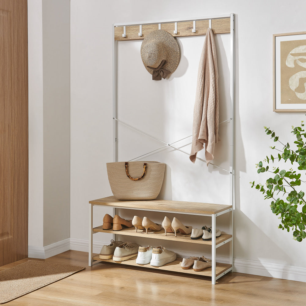 Nico Industrial Hall Tree Coat Rack 3-Tier Hallway Shoe Bench Cabinet - Oak/White Fast shipping On sale