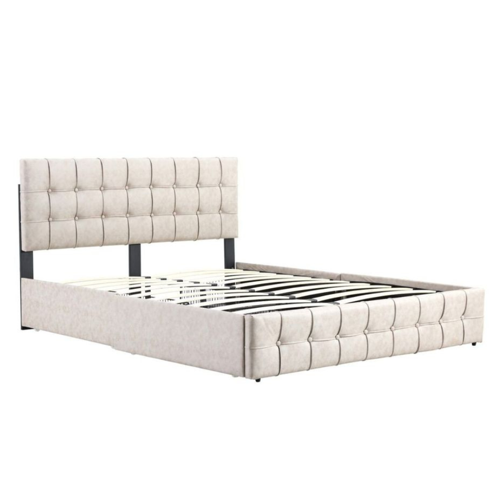 Button Tufted Modern Bed Frame Double Size With Storage Drawers Beige Fast shipping On sale