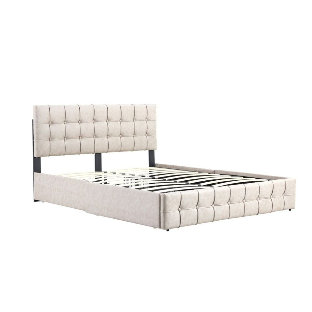 Button Tufted Modern Bed Frame Double Size With Storage Queen Beige Fast shipping On sale