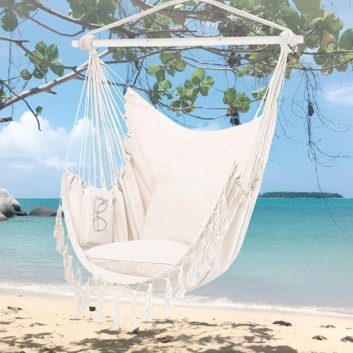 Noveden Hammock Chair Swing with Cushion and Pillow Beige Outdoor Furniture Fast shipping On sale