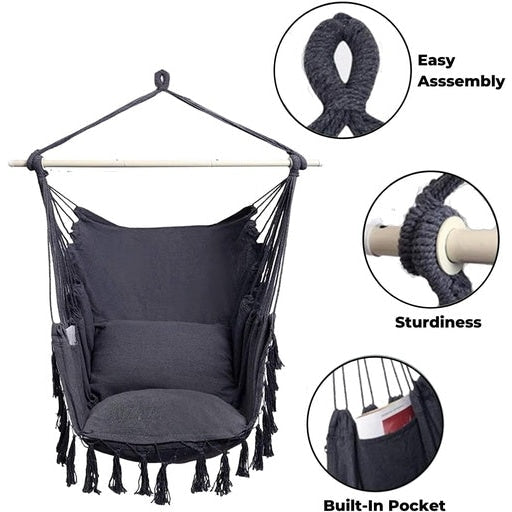 NOVEDEN Hammock Chair Swing with Cushion and Pillow Weather-Resistant Easy Assembly 360° Rotation Sturdy Dark Grey Outdoor Furniture Fast