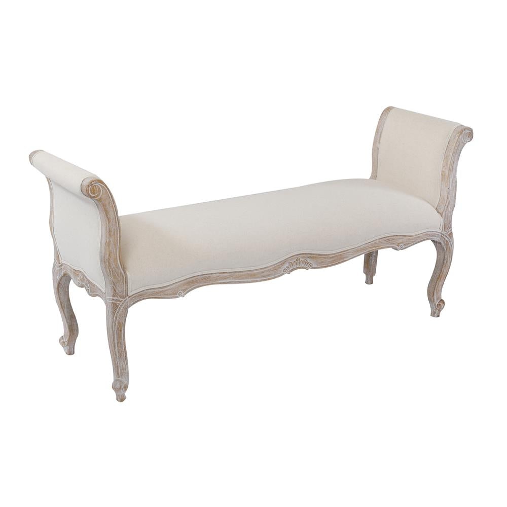 Oak Wood Linen Fabric Beige White Washed Finish Bench Chair Ottoman Fast shipping On sale