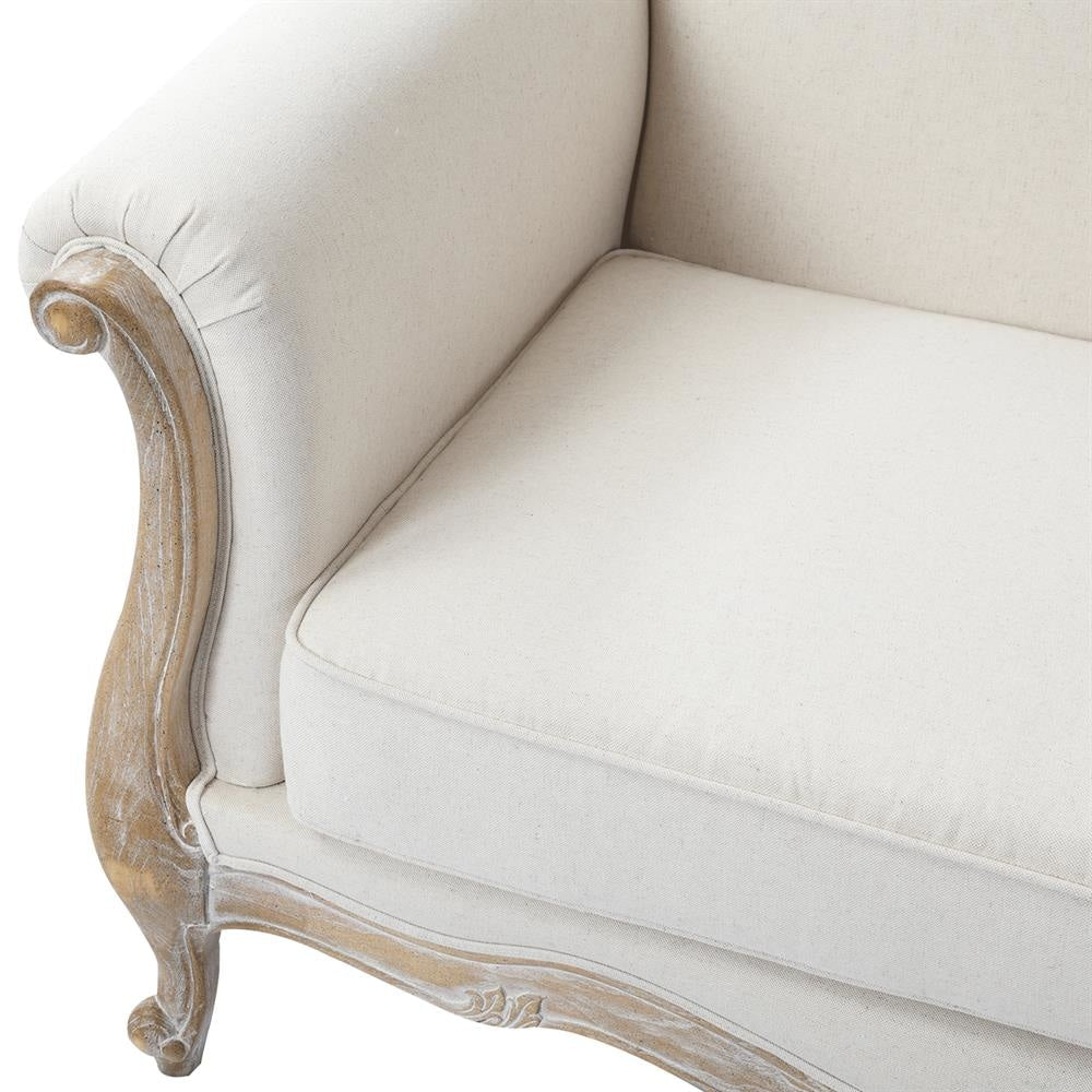 Oak Wood White Washed Finish Rolled Armrest 2 Seater Sofa Linen Fabric Fast shipping On sale