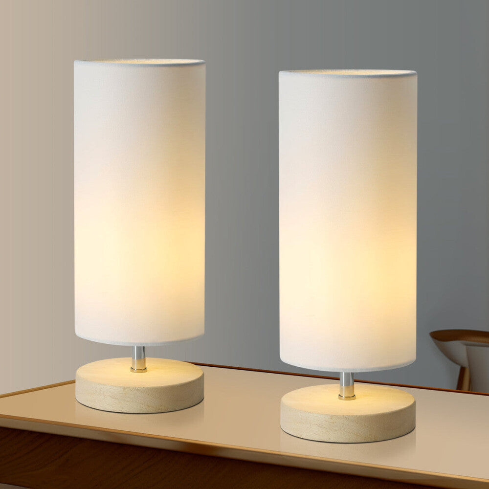 Omega Bright Duo Set of 2 Wooden Cylinder Table Lamp Light Linen Shade - White Fast shipping On sale