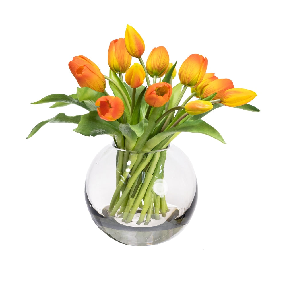 Orange Tulip Artificial Faux Flower Plant Decorative Arrangement In Fishbowl Fast shipping On sale