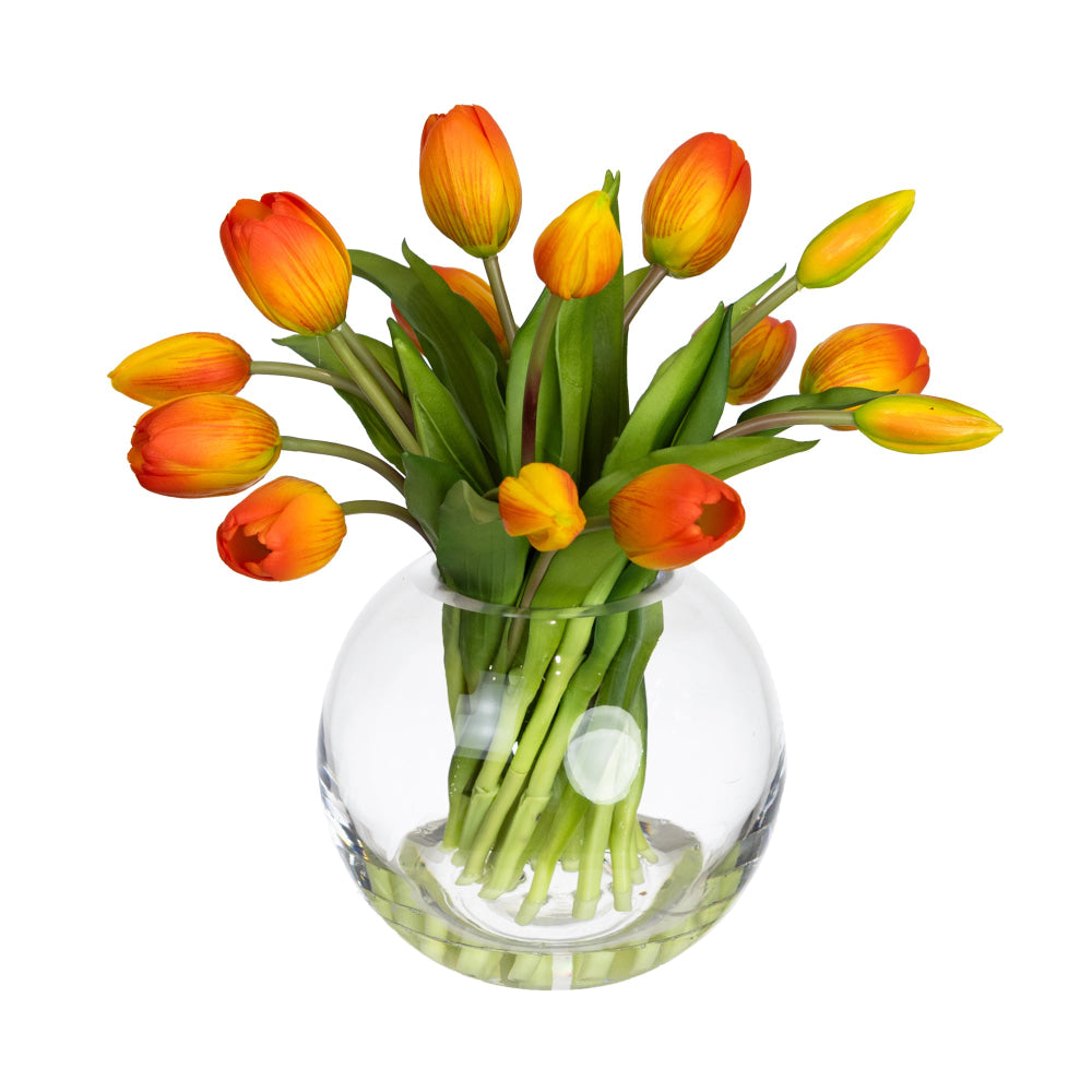 Orange Tulip Artificial Faux Flower Plant Decorative Arrangement In Fishbowl Fast shipping On sale