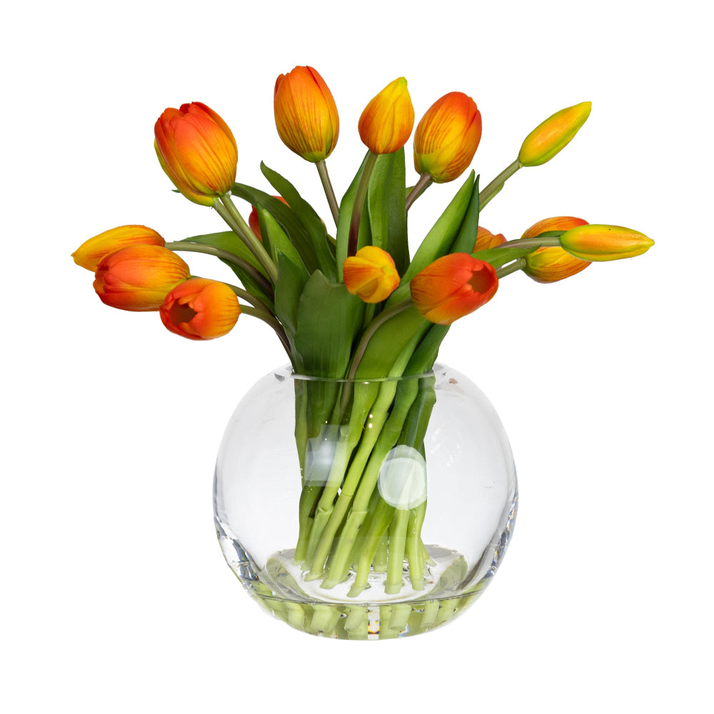 Orange Tulip Artificial Faux Flower Plant Decorative Arrangement In Fishbowl Fast shipping On sale