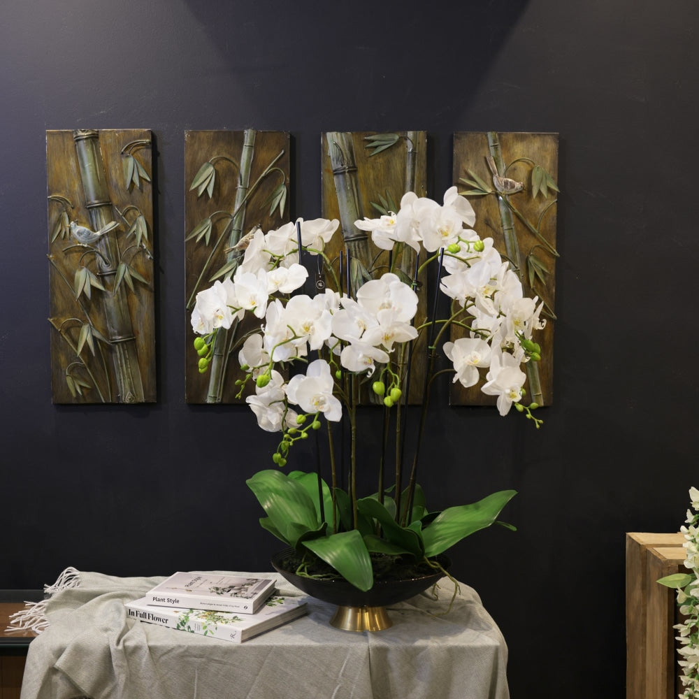 Orchid 80cm Artificial Faux Plant Decorative Arrangement In Black & Gold Stripe Bowl Fast shipping On sale