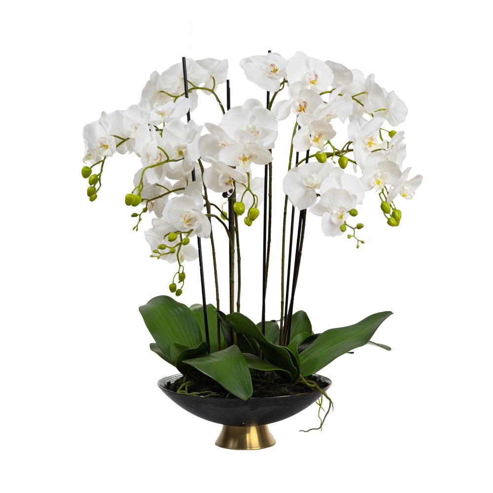 Orchid 80cm Artificial Faux Plant Decorative Arrangement In Black & Gold Stripe Bowl Fast shipping On sale