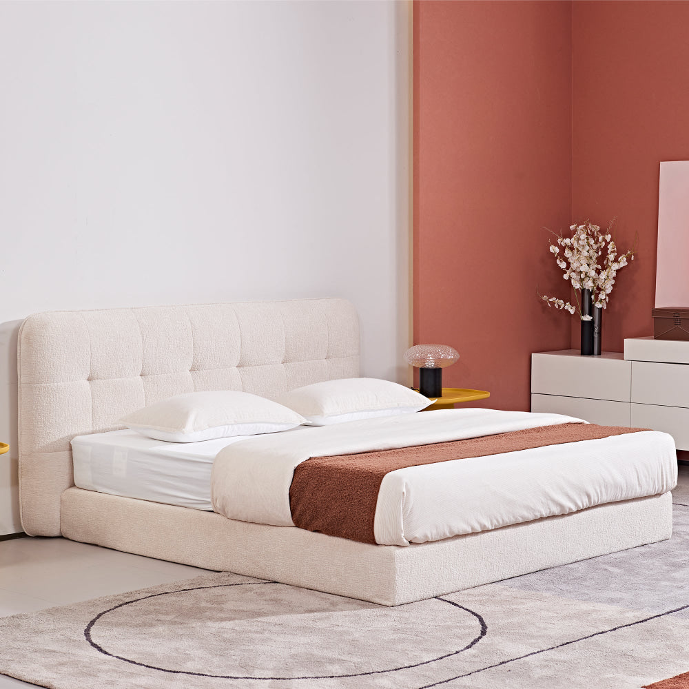 Oria High Density Smart Foam Boucle Fabric Queen Size Bed Frame Cream Fast shipping On sale