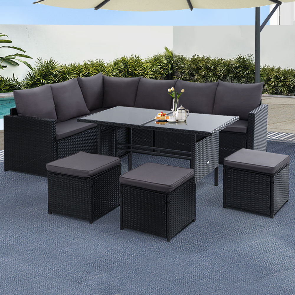 Outdoor Furniture Dining Setting Sofa Set Lounge Wicker 9 Seater Black Sets Fast shipping On sale