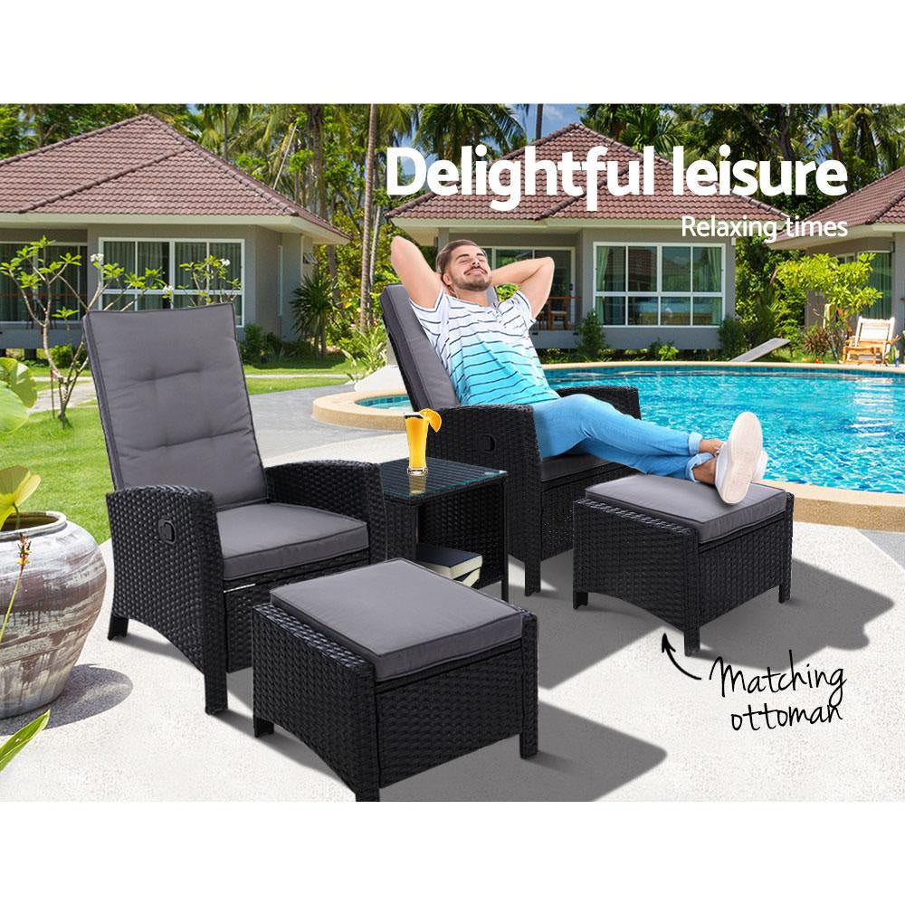 Outdoor Patio Furniture Recliner Chairs Table Setting Wicker Lounge 5pc Black Sets Fast shipping On sale