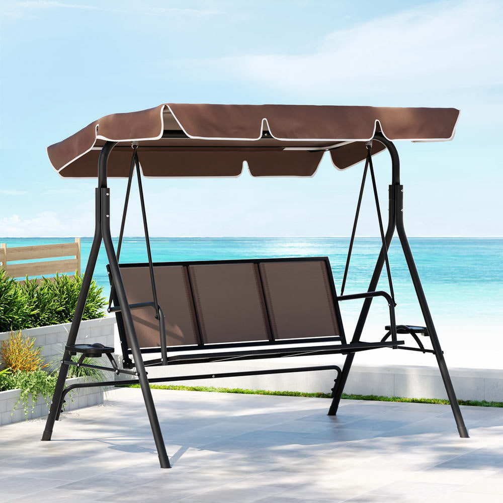 Outdoor Swing Chair Garden Furniture Canopy Cup Holder 3 Seater Brown Fast shipping On sale