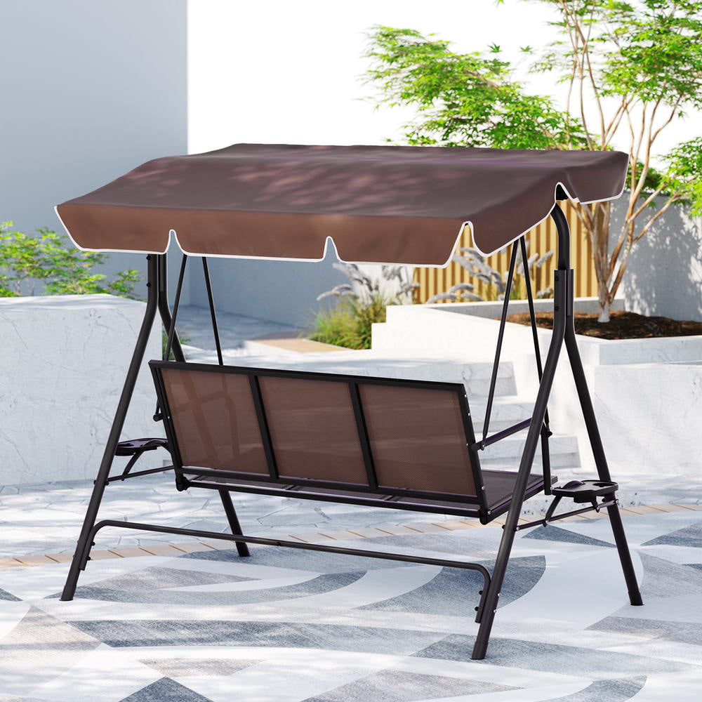 Outdoor Swing Chair Garden Furniture Canopy Cup Holder 3 Seater Brown Fast shipping On sale