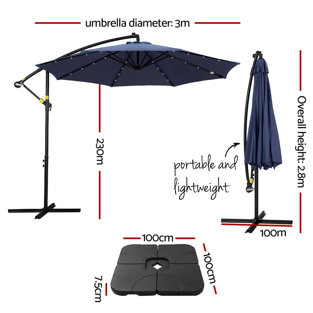 Outdoor Umbrella 3M Cantilever Beach LED w/Base Garden Shade Patio Navy Decor Fast shipping On sale