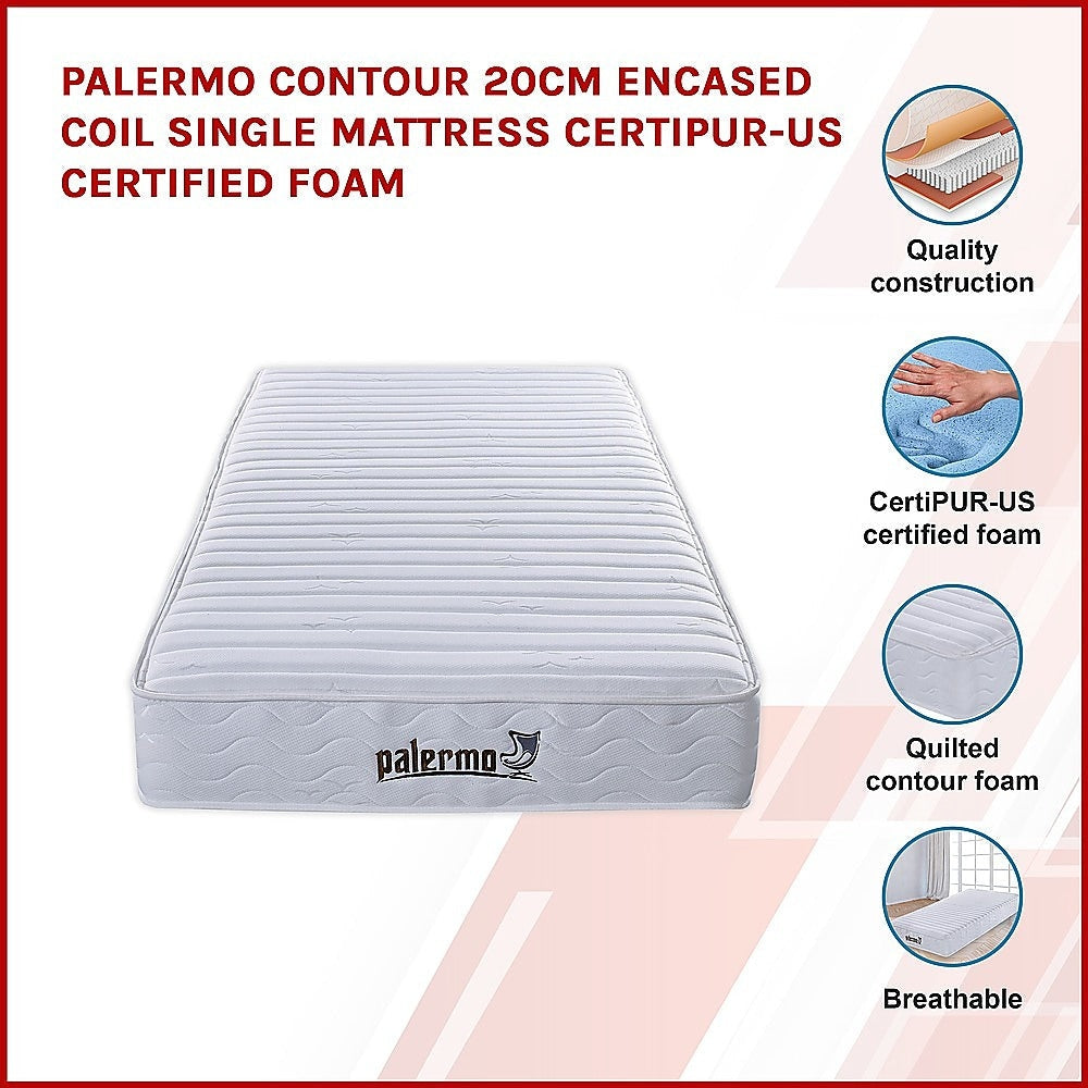 Palermo Contour 20cm Encased Coil Single Mattress CertiPUR - US Certified Foam Fast shipping On sale