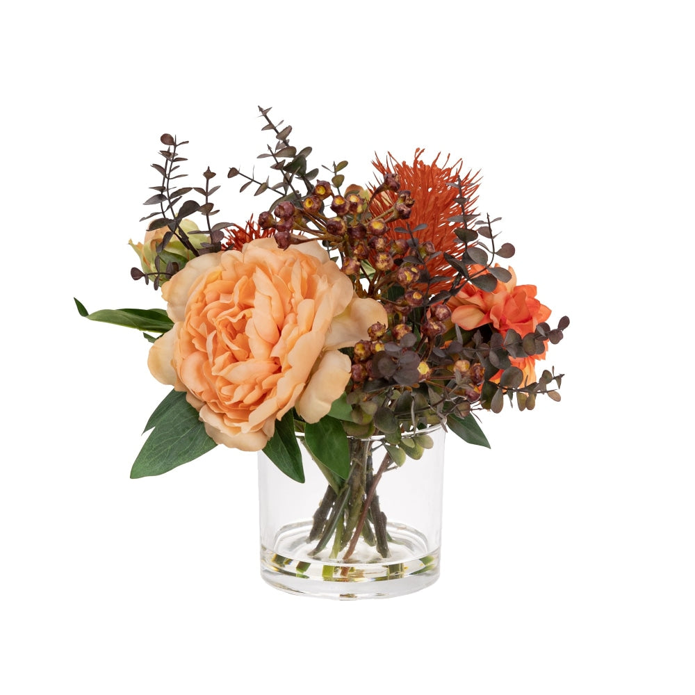 Peony & Banksia 30cm Peach Artificial Faux Plant Flower Decorative Mixed Arrangement In Glass Fast shipping On sale