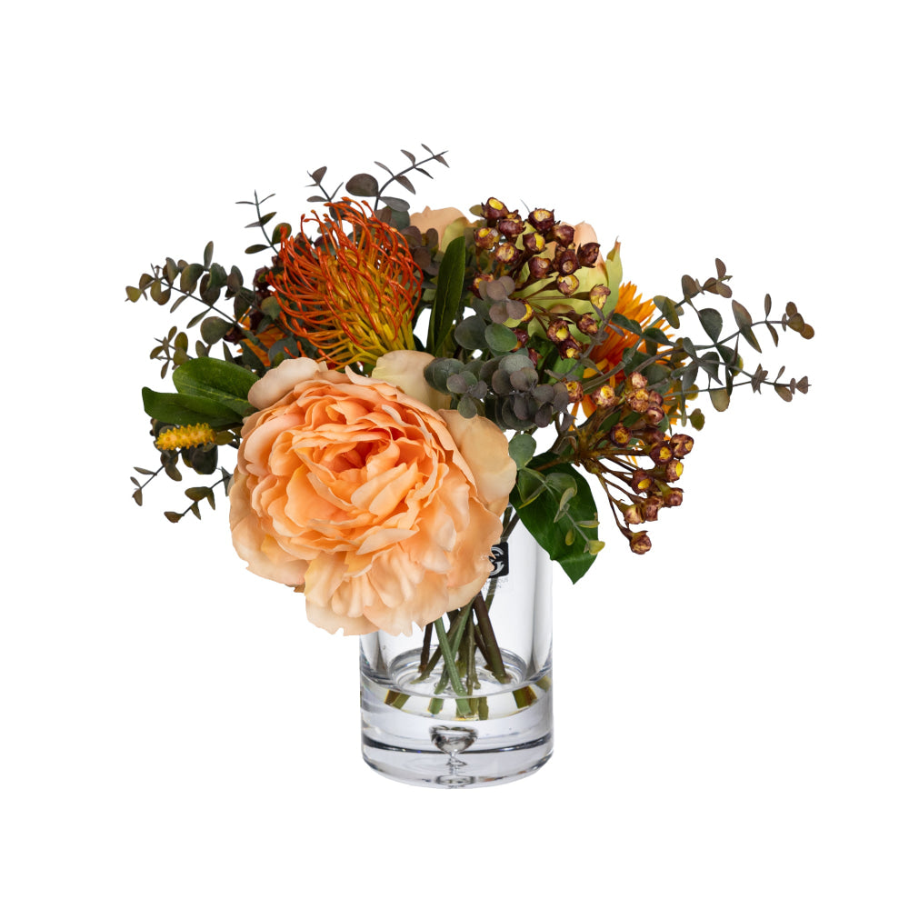 Peony & Banksia 30cm Peach Artificial Faux Plant Flower Decorative Mixed Arrangement In Glass Fast shipping On sale