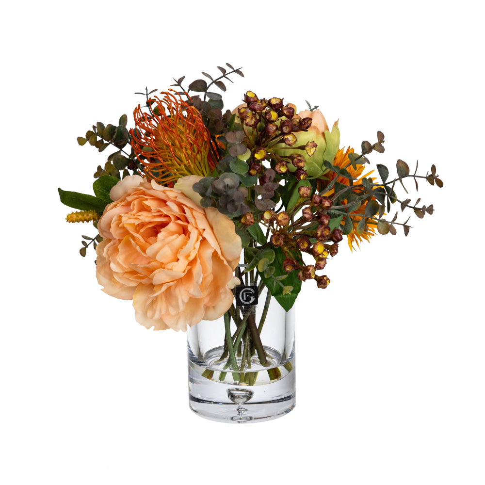 Peony & Banksia 30cm Peach Artificial Faux Plant Flower Decorative Mixed Arrangement In Glass Fast shipping On sale