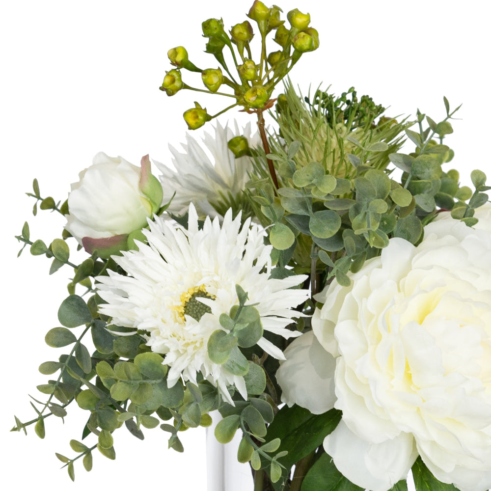 Peony & Banksia 30cm White Artificial Faux Plant Flower Decorative Mixed Arrangement In Glass Fast shipping On sale