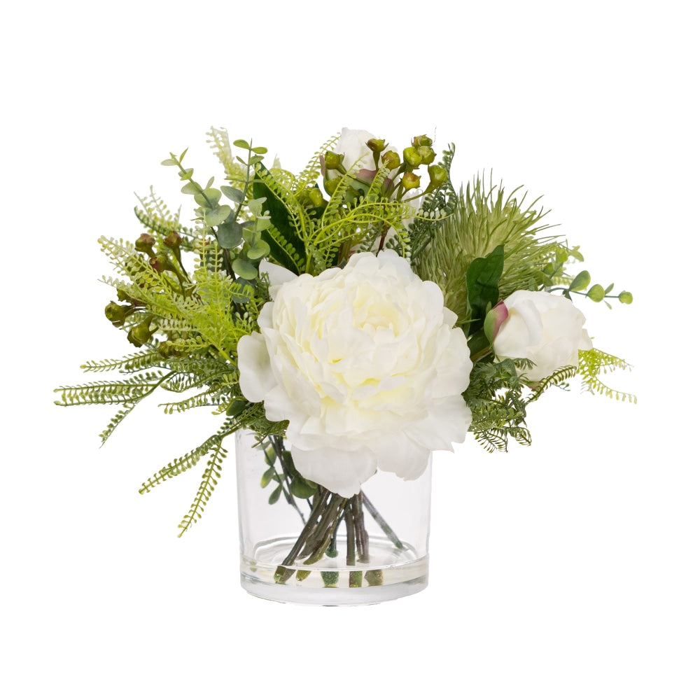 Peony & Banksia 30cm White Artificial Faux Plant Flower Decorative Mixed Arrangement In Glass Fast shipping On sale