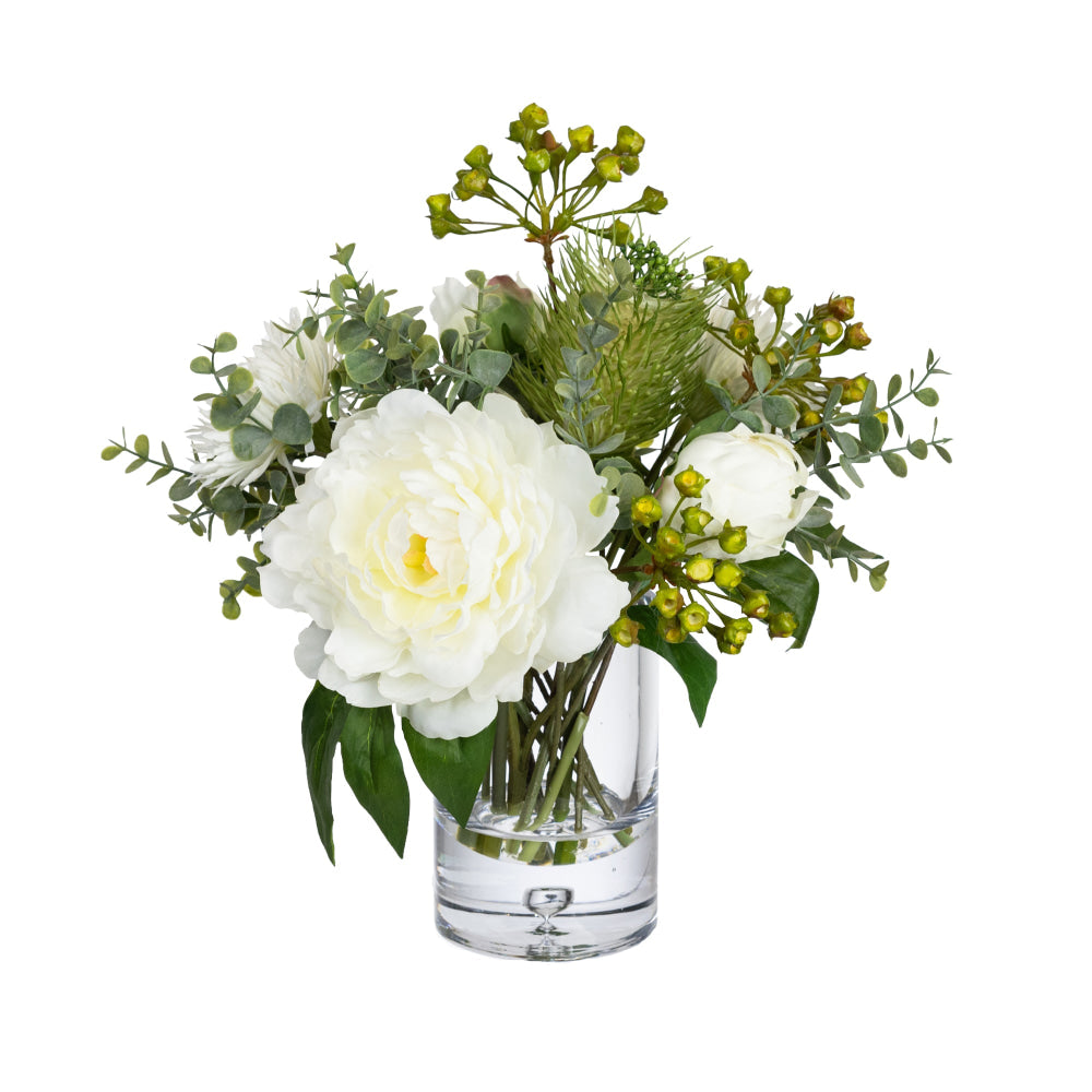 Peony & Banksia 30cm White Artificial Faux Plant Flower Decorative Mixed Arrangement In Glass Fast shipping On sale