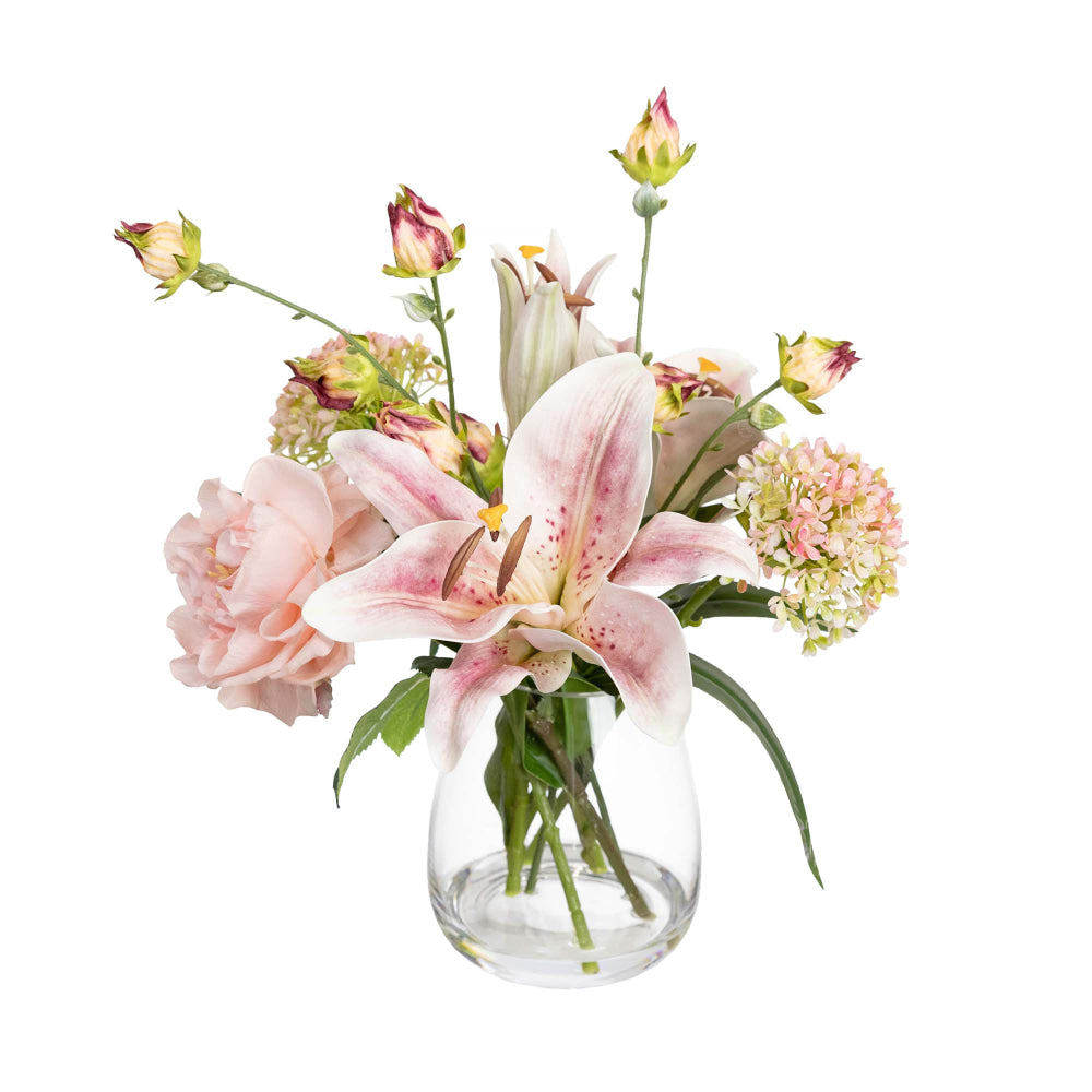 Peony & Pink Lily 35cm Artificial Plant Flower Arrangement Decorative In Glass Fast shipping On sale