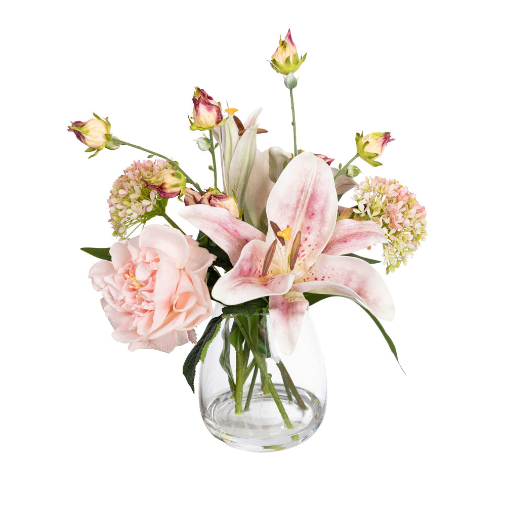Peony & Pink Lily 35cm Artificial Plant Flower Arrangement Decorative In Glass Fast shipping On sale