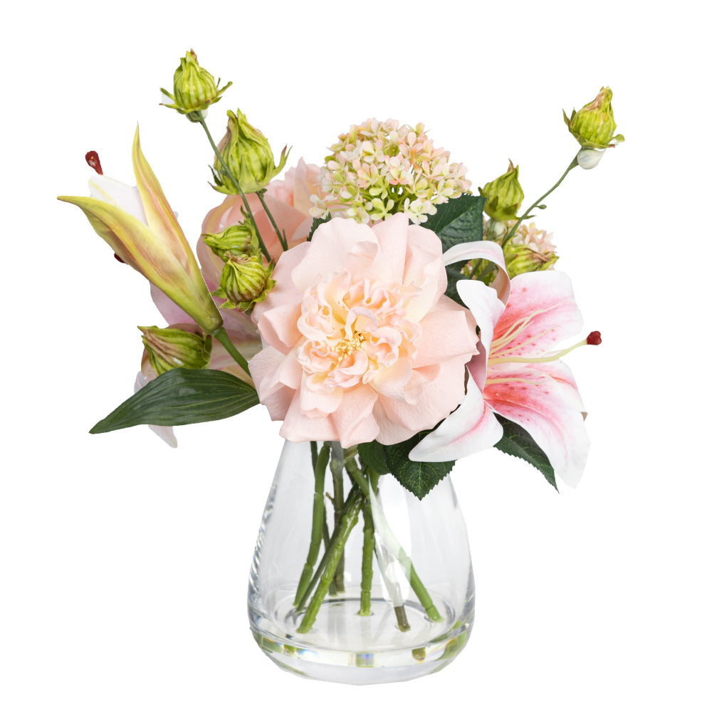 Peony & Pink Lily Artificial Fake Plant Flower Decorative Arrangement 28cm In Glass Fast shipping On sale