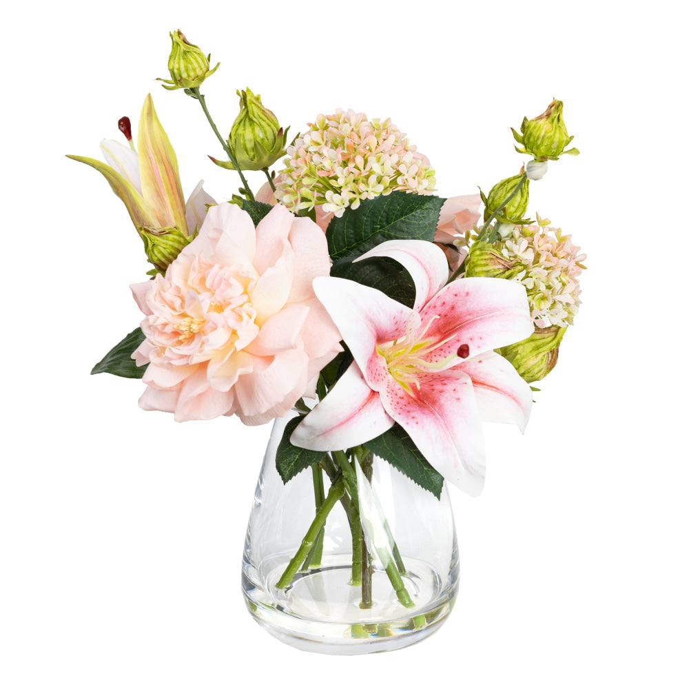 Peony & Pink Lily Artificial Fake Plant Flower Decorative Arrangement 28cm In Glass Fast shipping On sale