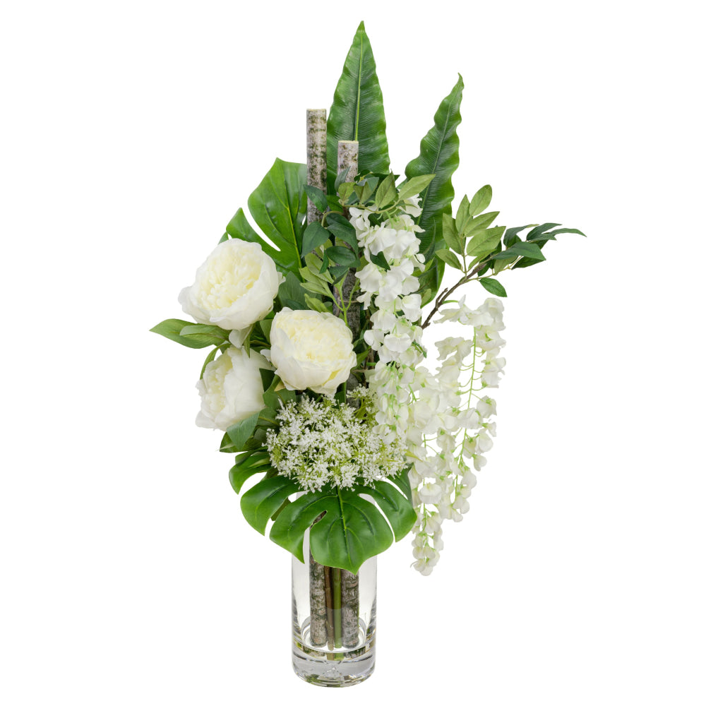 Peony & Wisteria Artificial Plant Decorative Arrangement 80cm In Glass - White Fast shipping On sale