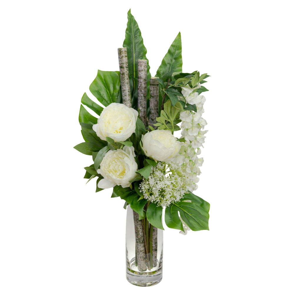 Peony & Wisteria Artificial Plant Decorative Arrangement 80cm In Glass - White Fast shipping On sale