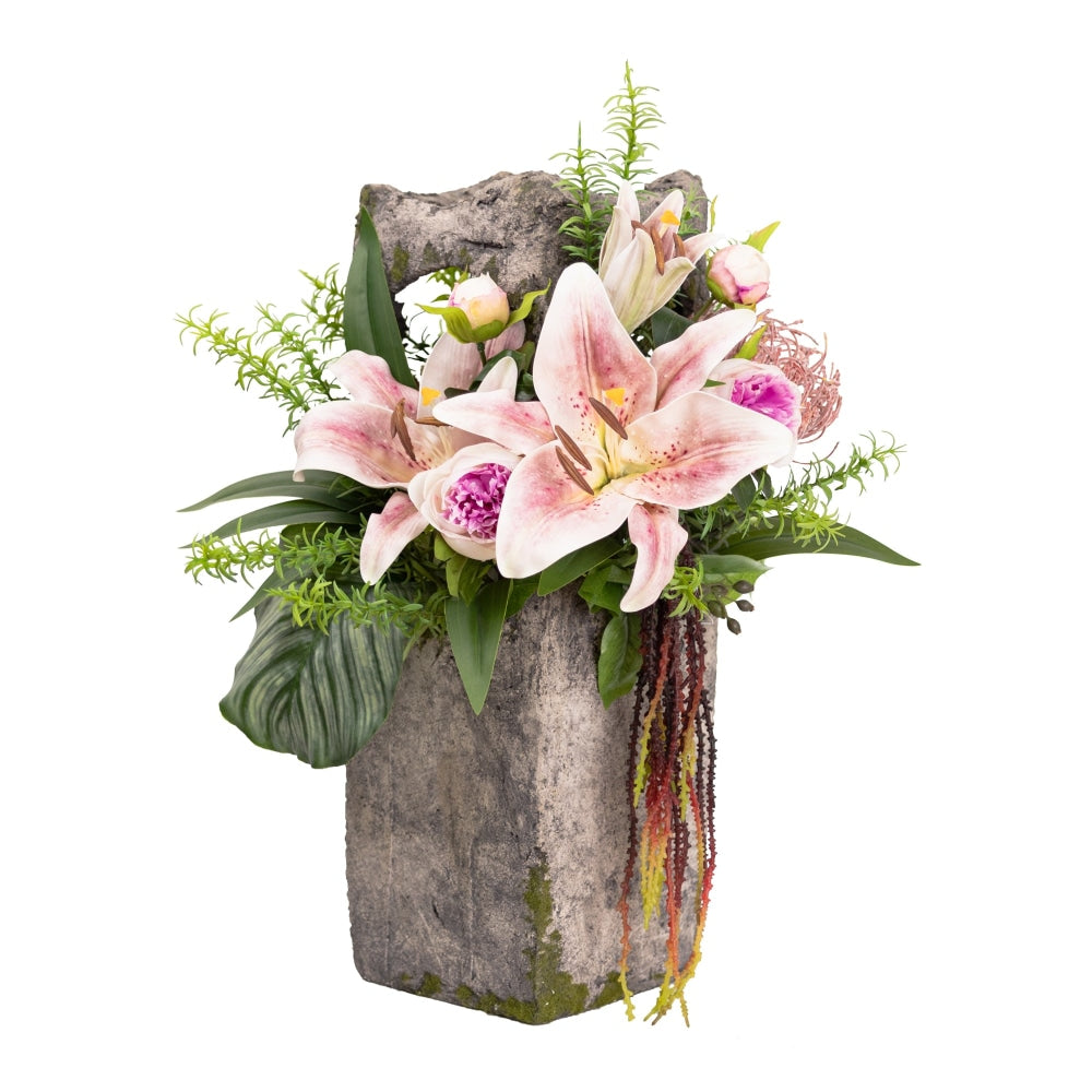 Pink Lily 52cm Artificial Faux Plant Flower Decorative Arrangement In Concrete Pot Fast shipping On sale