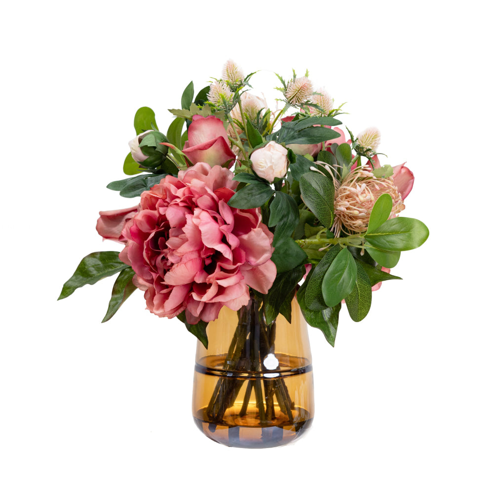 Pink Peony & Rose Artificial Faux Plant Flower Decorative Mixed Arrangement 36cm In Glass Fast shipping On sale