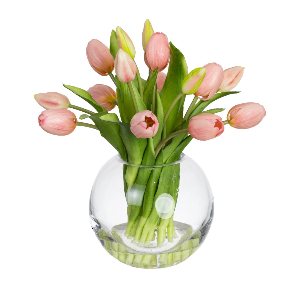 Pink Tulip 29cm Artificial Faux Flower Plant Decorative Arrangement In Fishbowl Fast shipping On sale