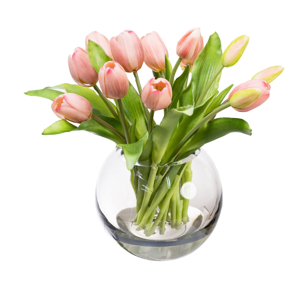 Pink Tulip 29cm Artificial Faux Flower Plant Decorative Arrangement In Fishbowl Fast shipping On sale