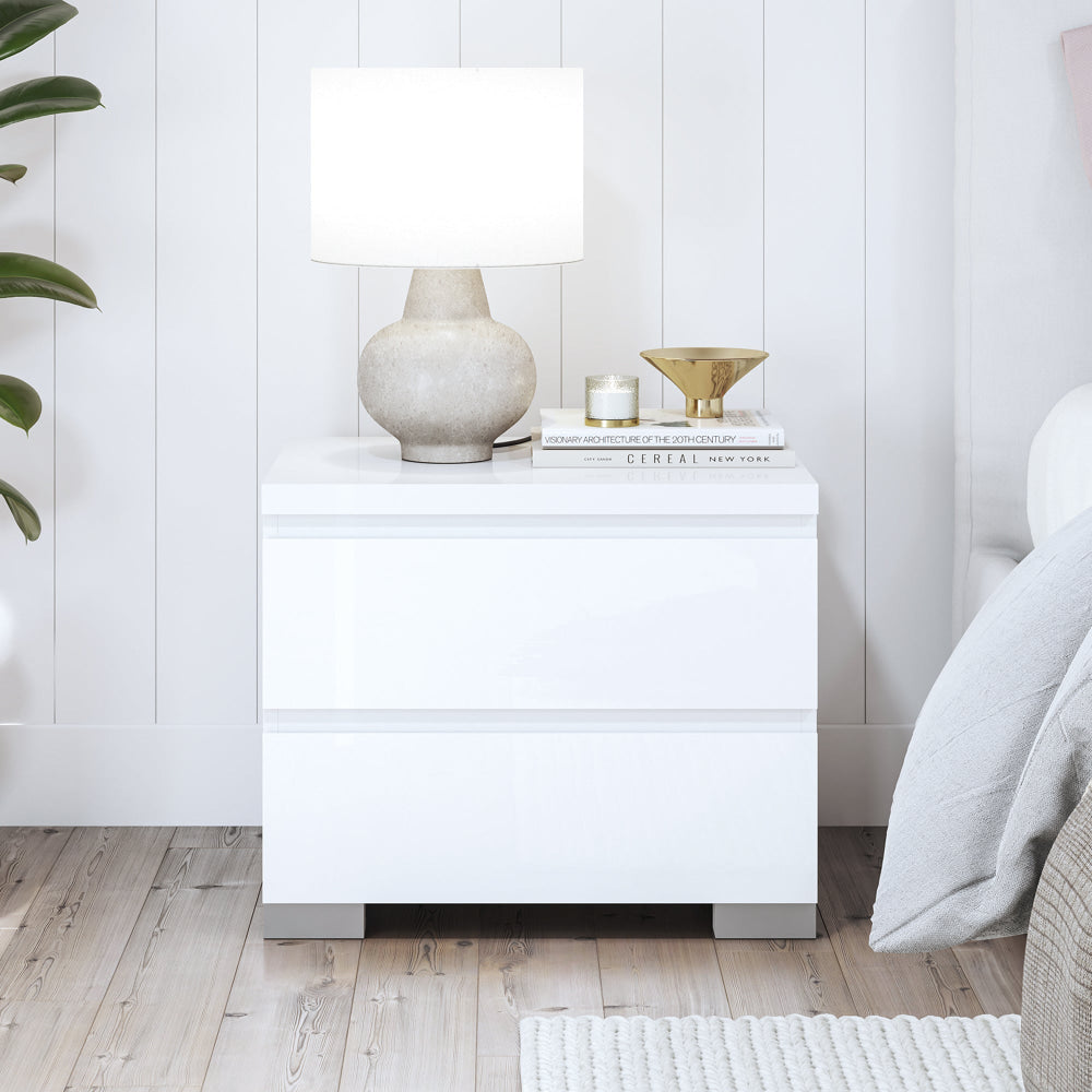 Porto 2-Drawer Bedside Nightstand End Lamp Side Table - High Gloss White Fast shipping On sale