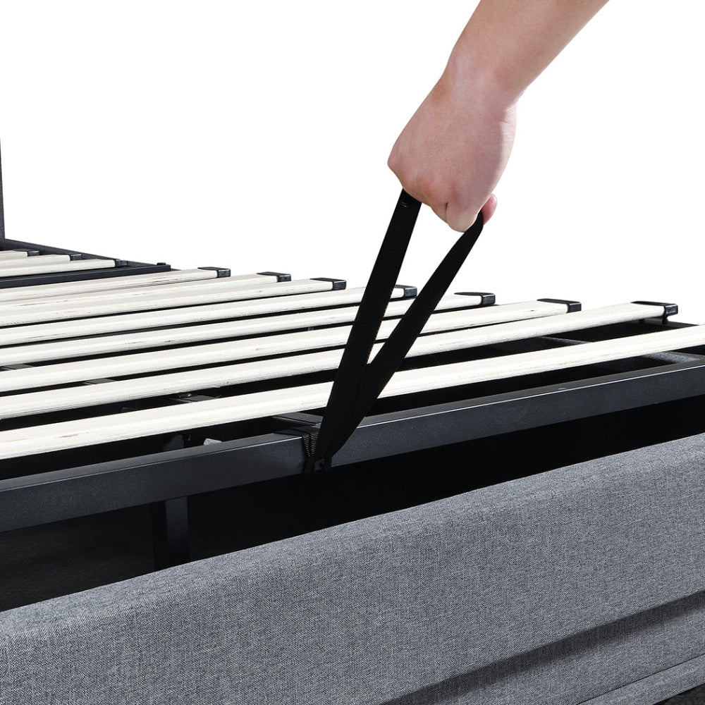 Queen Bed Frame with Gas Lift Storage LED Headboard USB Charging & Side Pocket – Grey Linen Fast shipping On sale