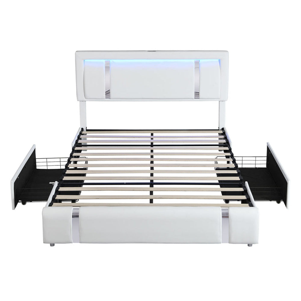 Queen Bed Frame with Adjustable LED Headboard & USB Ports (White) Fast shipping On sale