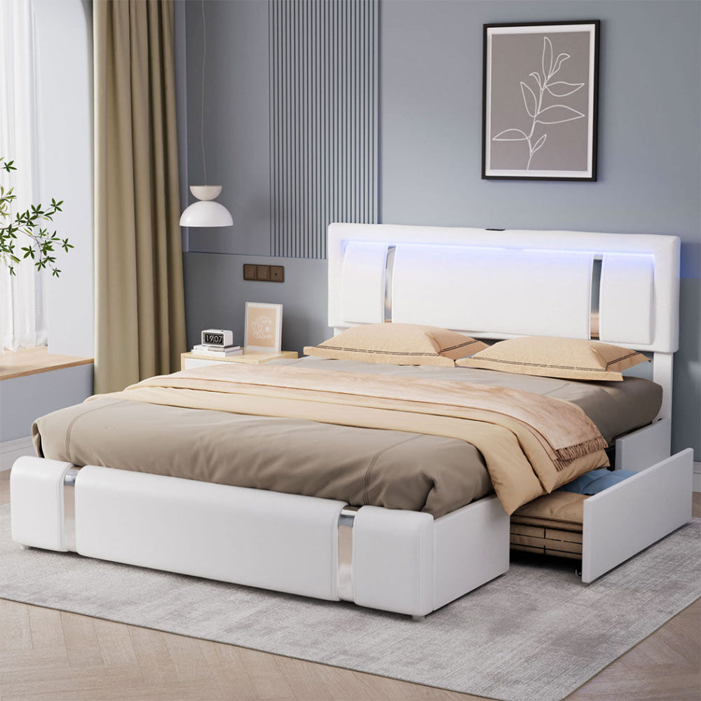 Queen Bed Frame with Adjustable LED Headboard & USB Ports (White) Fast shipping On sale