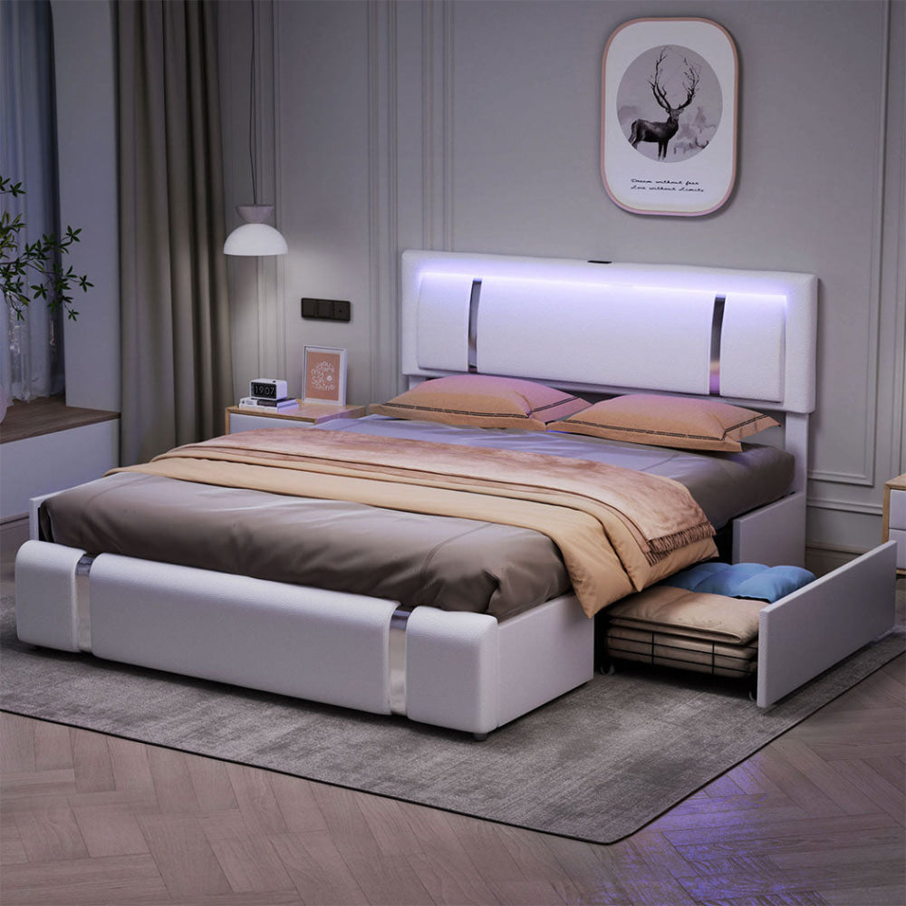 Queen Bed Frame with Adjustable LED Headboard & USB Ports (White) Fast shipping On sale