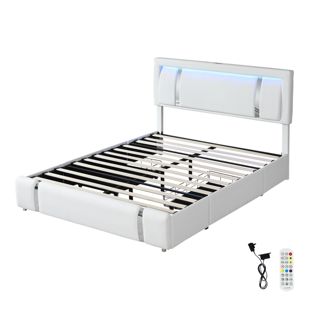 Queen Bed Frame with Adjustable LED Headboard & USB Ports (White) Fast shipping On sale