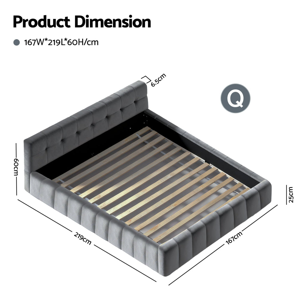 Queen Size Bed Frame Plush Soft Headboard Velvet Platform Base for Modern Bedrooms Grey Fast shipping On sale