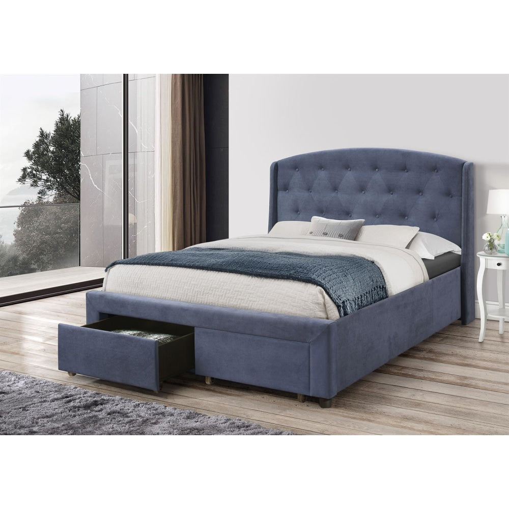 Queen Size Storage Bed Frame Upholtery Navy Blue Fabric with 2 Drawers Fast shipping On sale