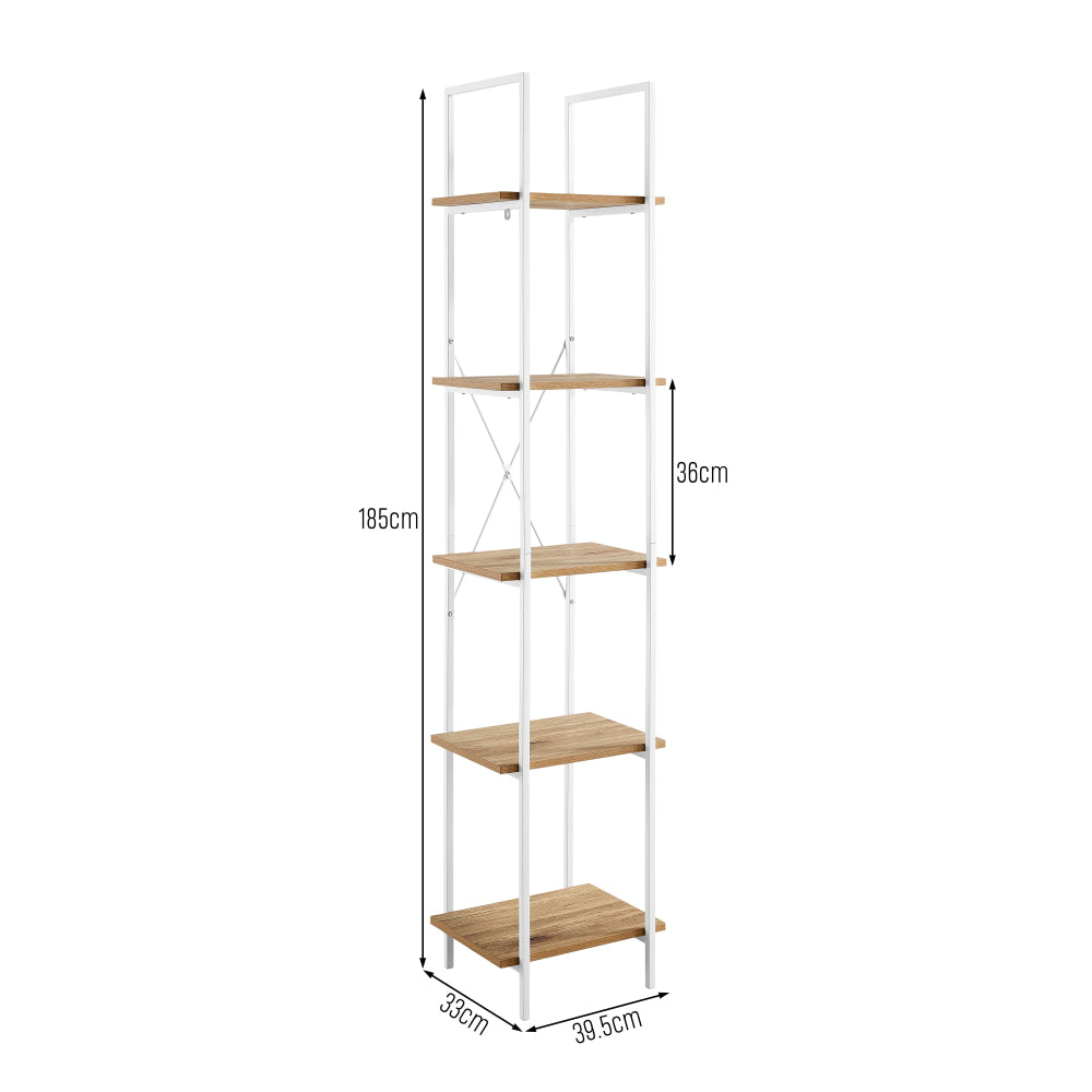 Randy 5-Tier Narrow Bookcase Display Shelf - Oak/White Fast shipping On sale
