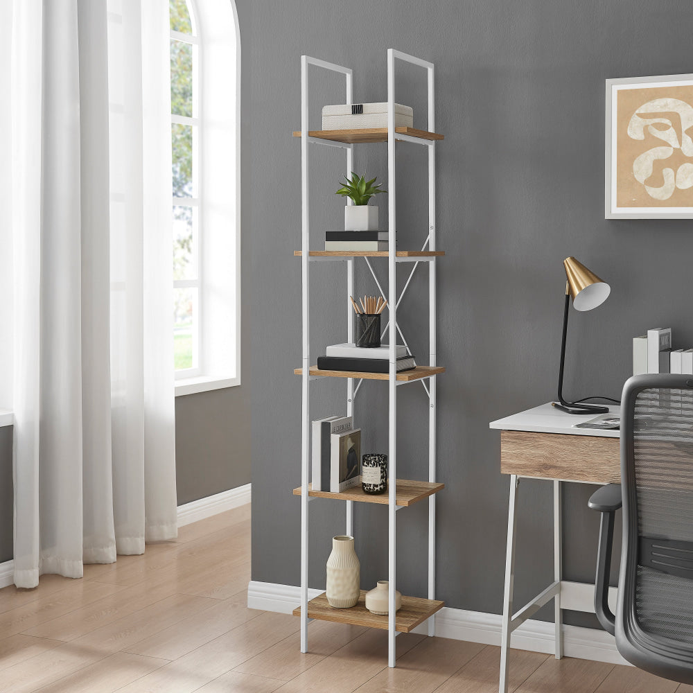 Randy 5-Tier Narrow Bookcase Display Shelf - Oak/White Fast shipping On sale