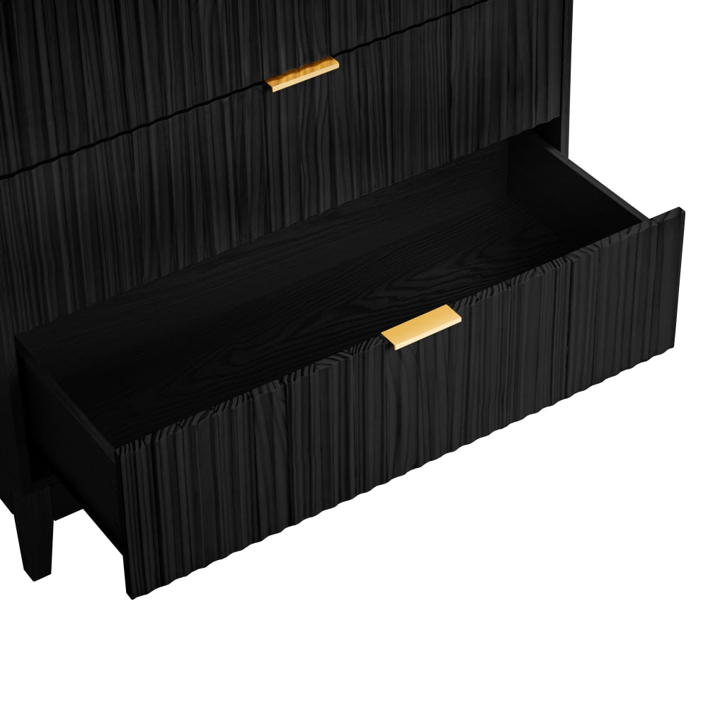 Raul Fluted 3-Drawer Lowboy Storage Cabinet – Black Chest with Gold Handles Solid Pine Accents Of Drawers Fast shipping On sale
