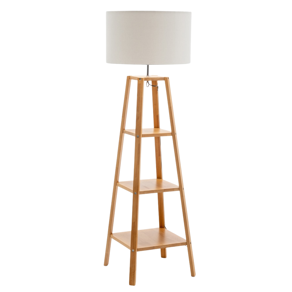Ren Rubberwood Floor Lamp W/ 3 Square Shelves Linen Shade - Off White/Natural Fast shipping On sale